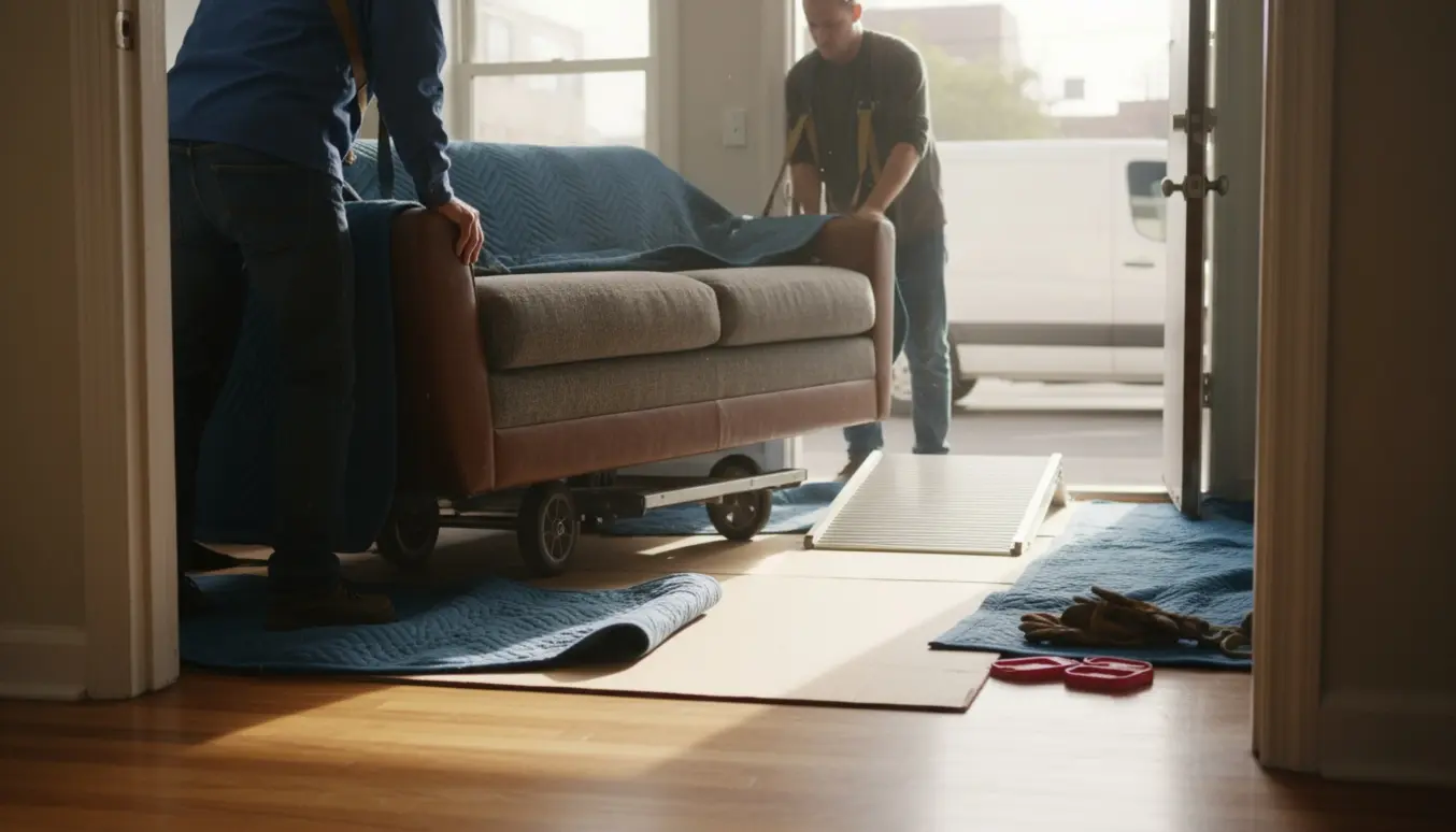 To personer bærer en tung 2,5-personers sofa ud af en lejlighed mod en åben hvid varevogn.