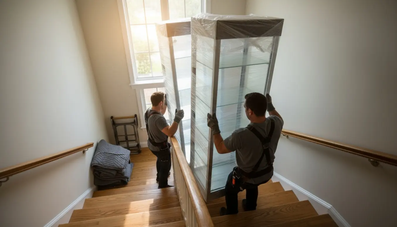 To flyttefolk bærer indpakkede vitrineskabe op ad en oplyst trappeopgang.