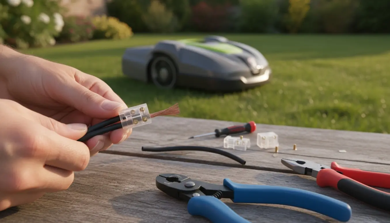 Nærbillede af hænder, der skifter ladekabel på en robotplæneklipper ved ladestationen med værktøj på en træbænk.