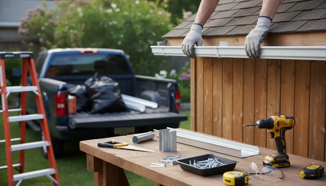Nærbillede af udskiftning af tagrende på et lille skur med nye tagrendeprofiler, hjørne- og samlestykker og værktøj.