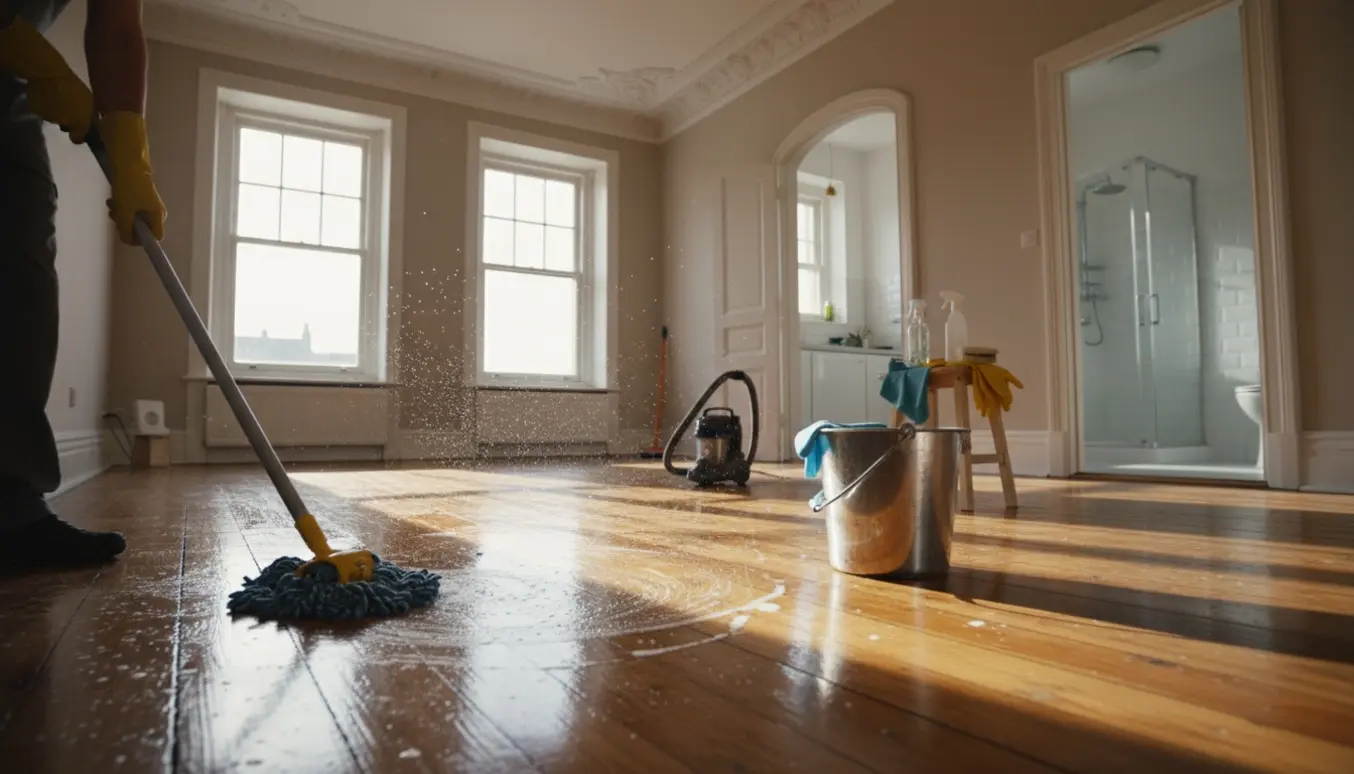 Hænder i handsker vasker trægulv i en gammeldags lejlighed med moppe, spand og rengøringsudstyr.