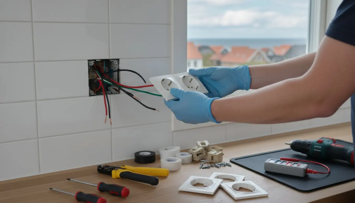 Udskiftning af stikkontakt i lyst køkken med værktøj på bordet og havudsigt gennem vinduet.