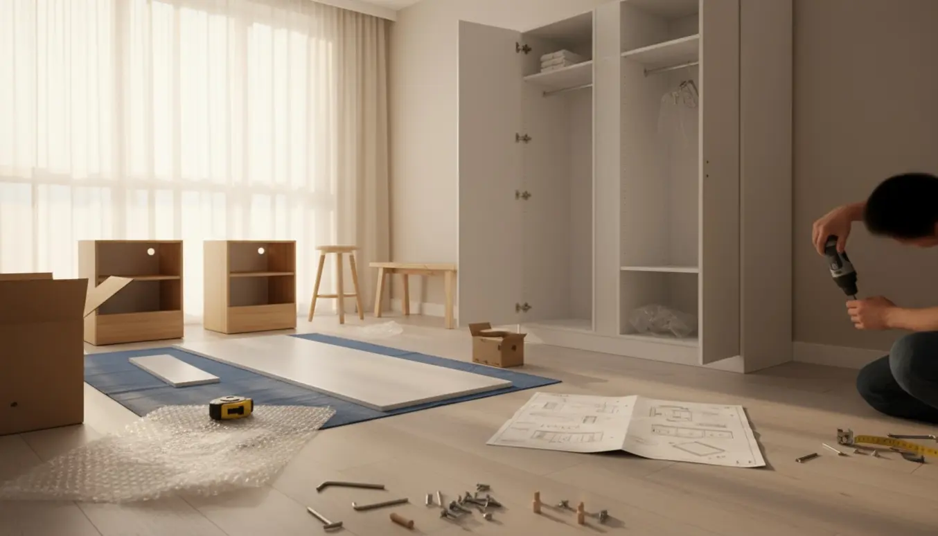 Hænder monterer skabe i en lys stue med værktøj og dele på gulvet.