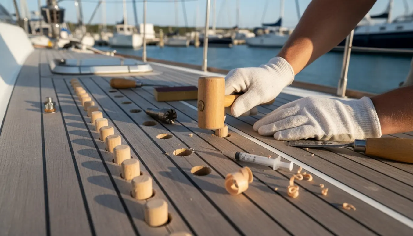 Nærbillede af reparation af teakdæk på en båd, hvor hænder sætter en ny træprop i et boret hul.