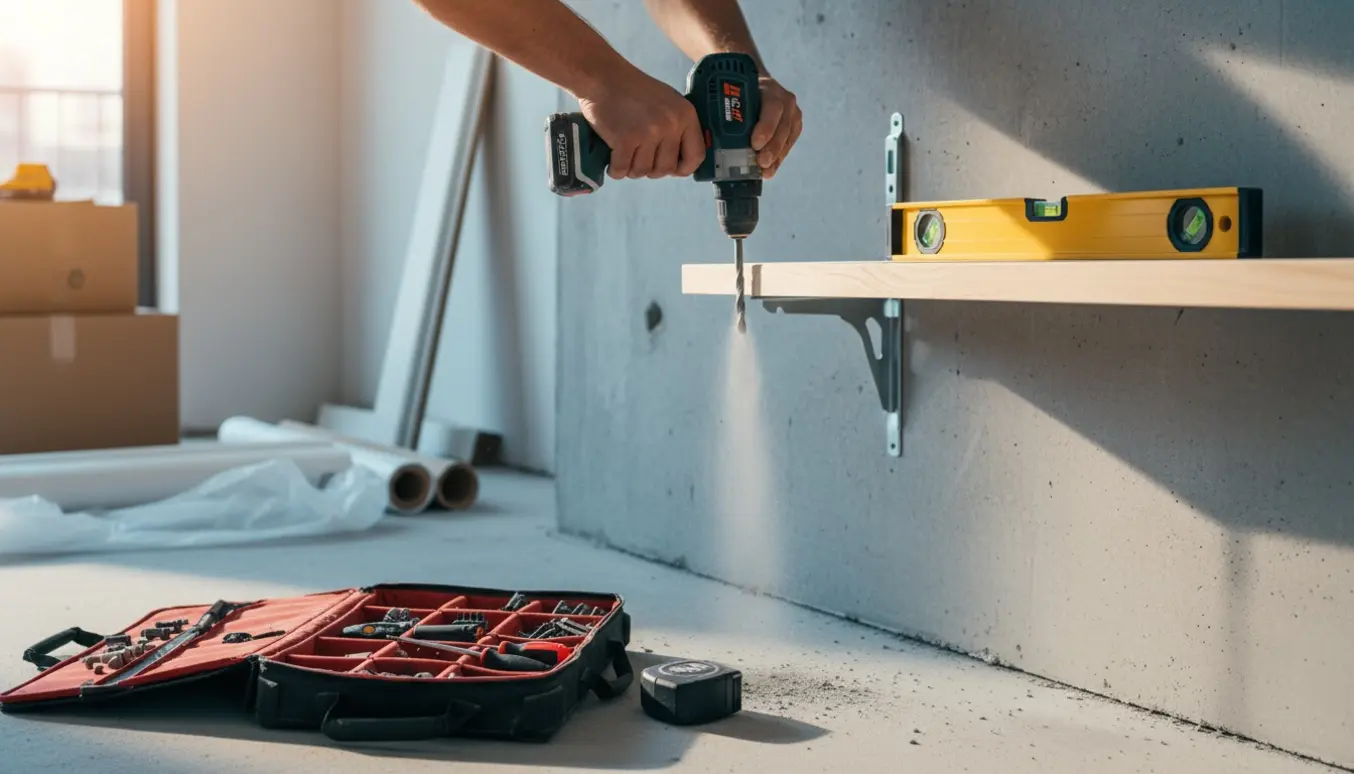 Håndværkerens hænder monterer en træhylde på en rå betonvæg med bor, rawlplugs og værktøj spredt omkring.