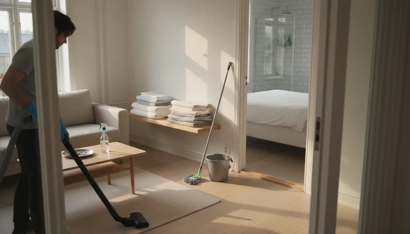 Rengøringsperson støvsuger og tørrer af i en lys, moderne lejlighed med moppe, spand og nyfoldede håndklæder.