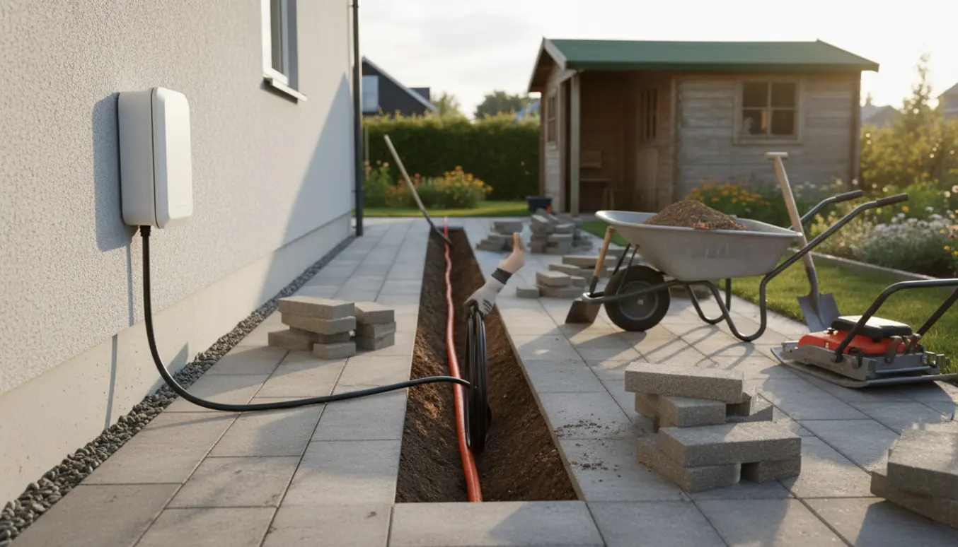 Gravning af rør og kabelføring til elbiloplader mellem hus og skur med stablede fliser klar til genetablering.