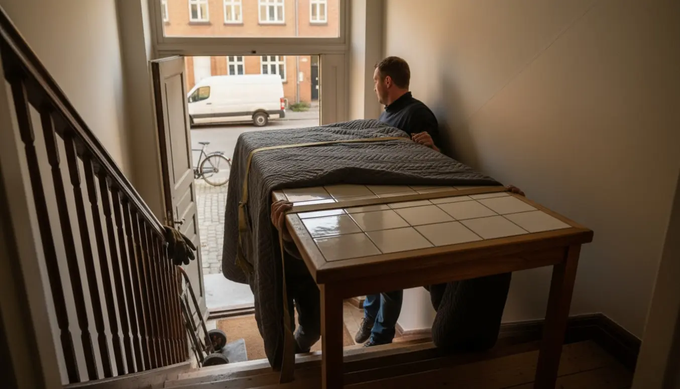 To bærere løfter et tungt flisebord op ad en smal trappe mod en lejlighed på 2. sal, pakket i flyttetæpper med en åben flyttevogn på gaden nedenfor.