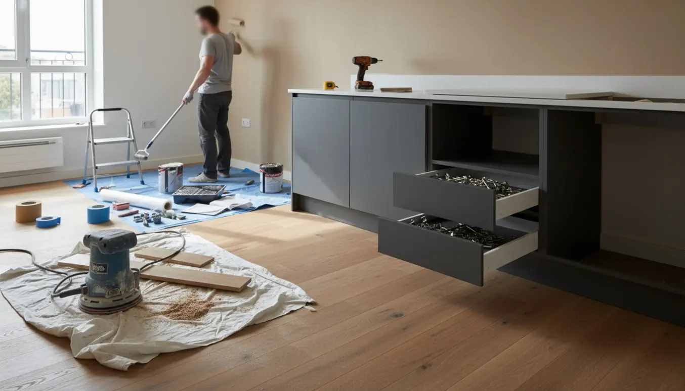 Renoveret lejlighedskøkken med nyinstallerede skabe, slebne trægulve og malerarbejde i gang.