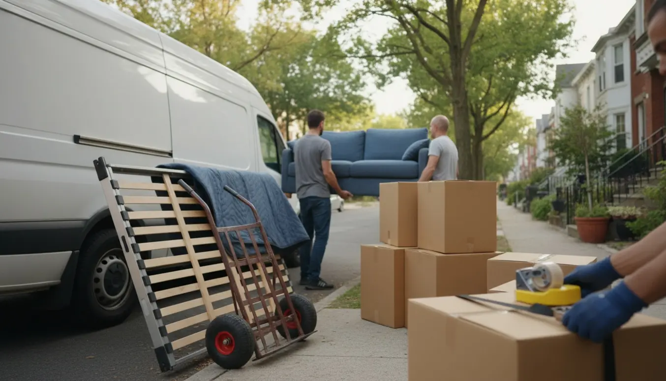 To personer bærer en sofa mod en åben flyttebil på en rolig bygade med flyttekasser og flyttetæpper omkring dem.