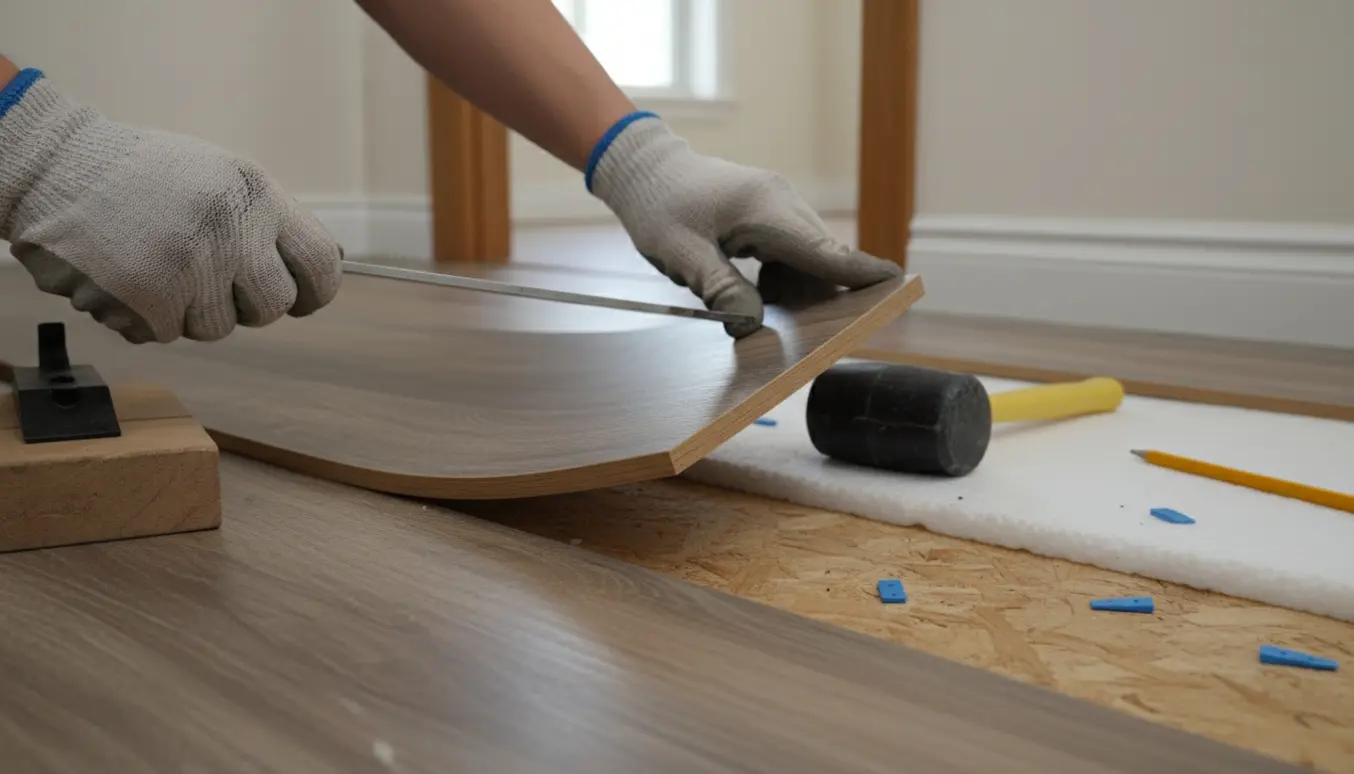 Nærbillede af en bulet laminatplanke, hvor arbejdshænder med værktøj løfter en kant og viser undergulvet.