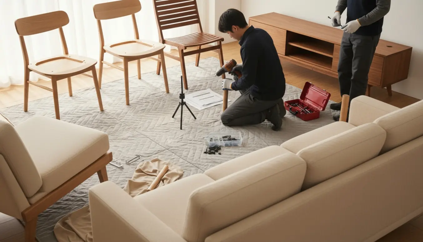 Montører samler stole, TV-bord og monterer ben på sofa i en lys stue.