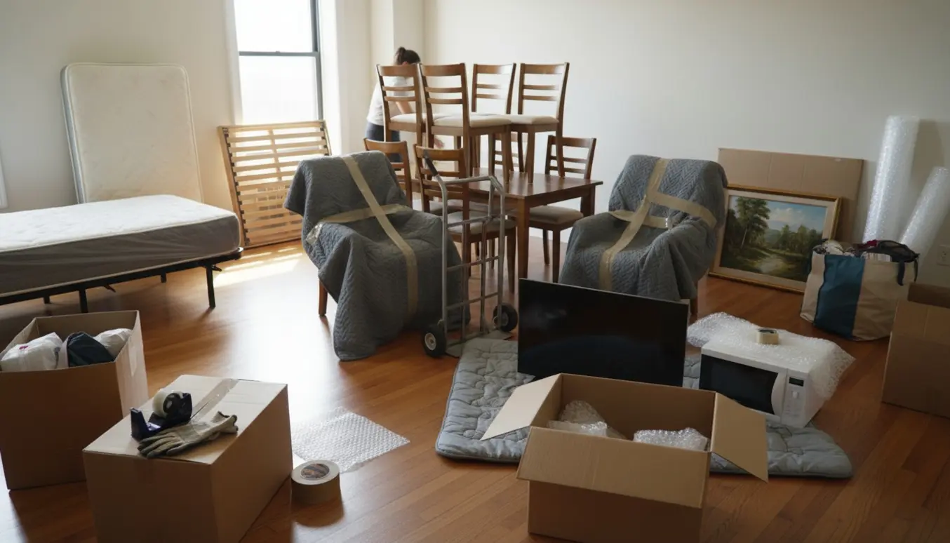 Lys bolig under flytning med møbler, flyttekasser og indpakkede genstande i naturligt dagslys.