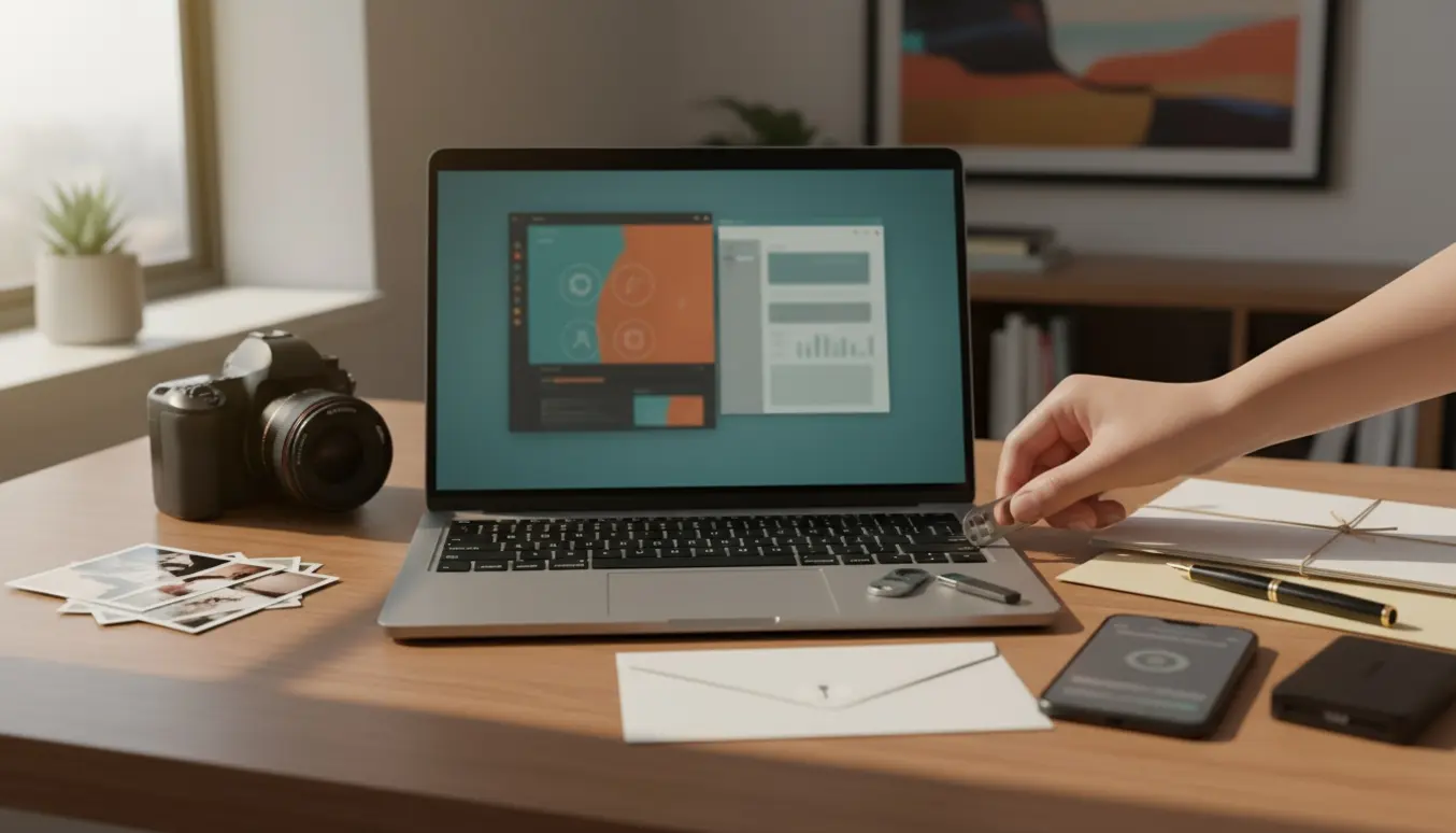 Bærbar computer på et skrivebord med to softwarevinduer, USB-nøgler og rekvisitter der viser et fotoprogram og et kontorprogram.