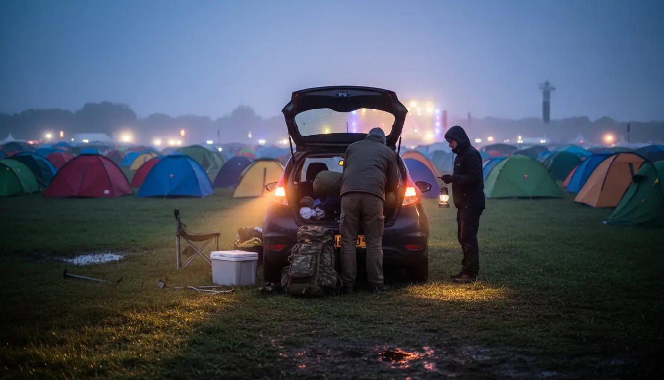 En bil ved Roskilde Festival om natten, hvor en person læsser rygsæk og sovepose i bagagerummet med telte og scene i baggrunden.