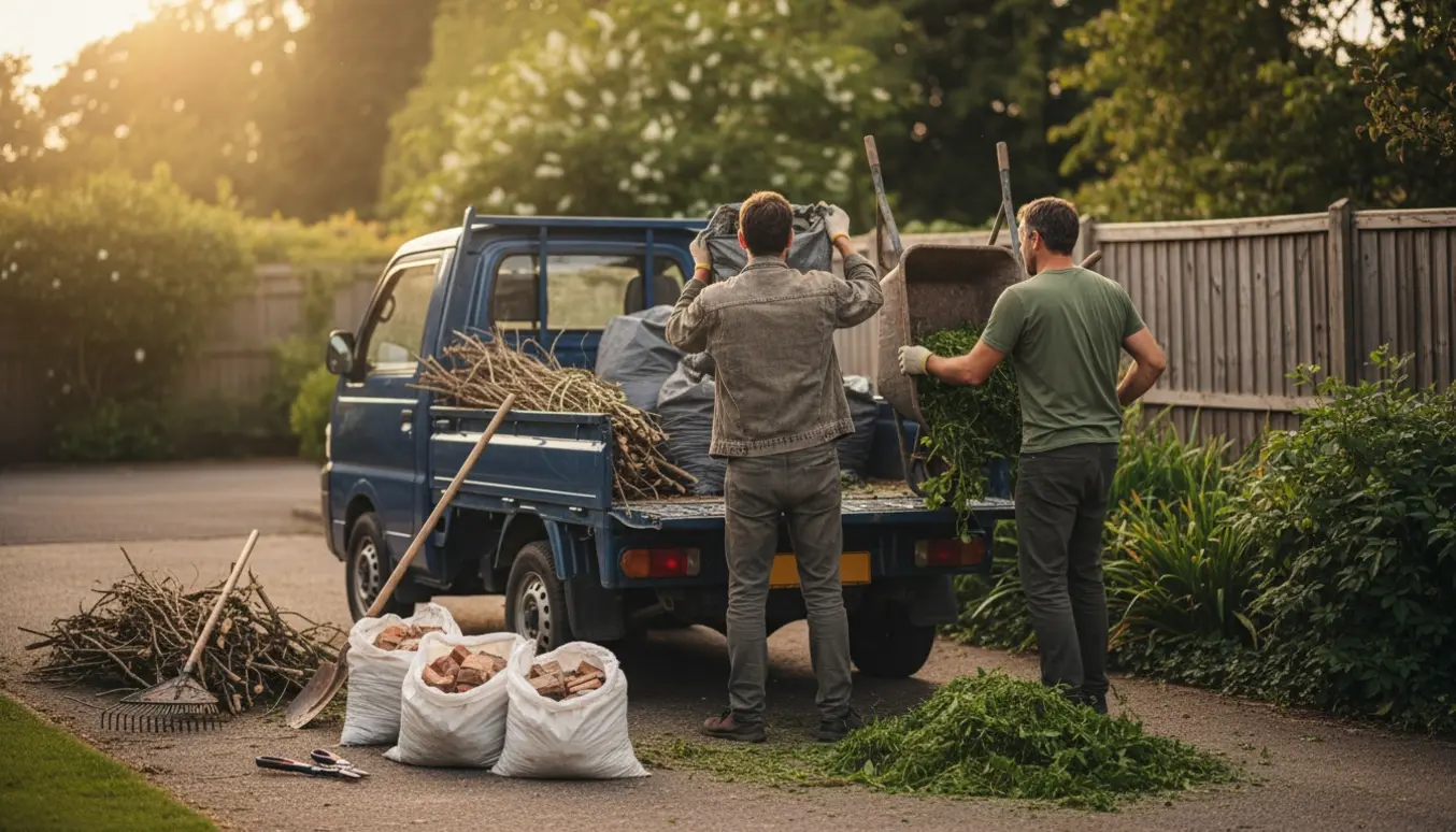 Haveaffald og sække med byggeaffald læsses i en pickup på en solrig indkørsel uden synlige ansigter.