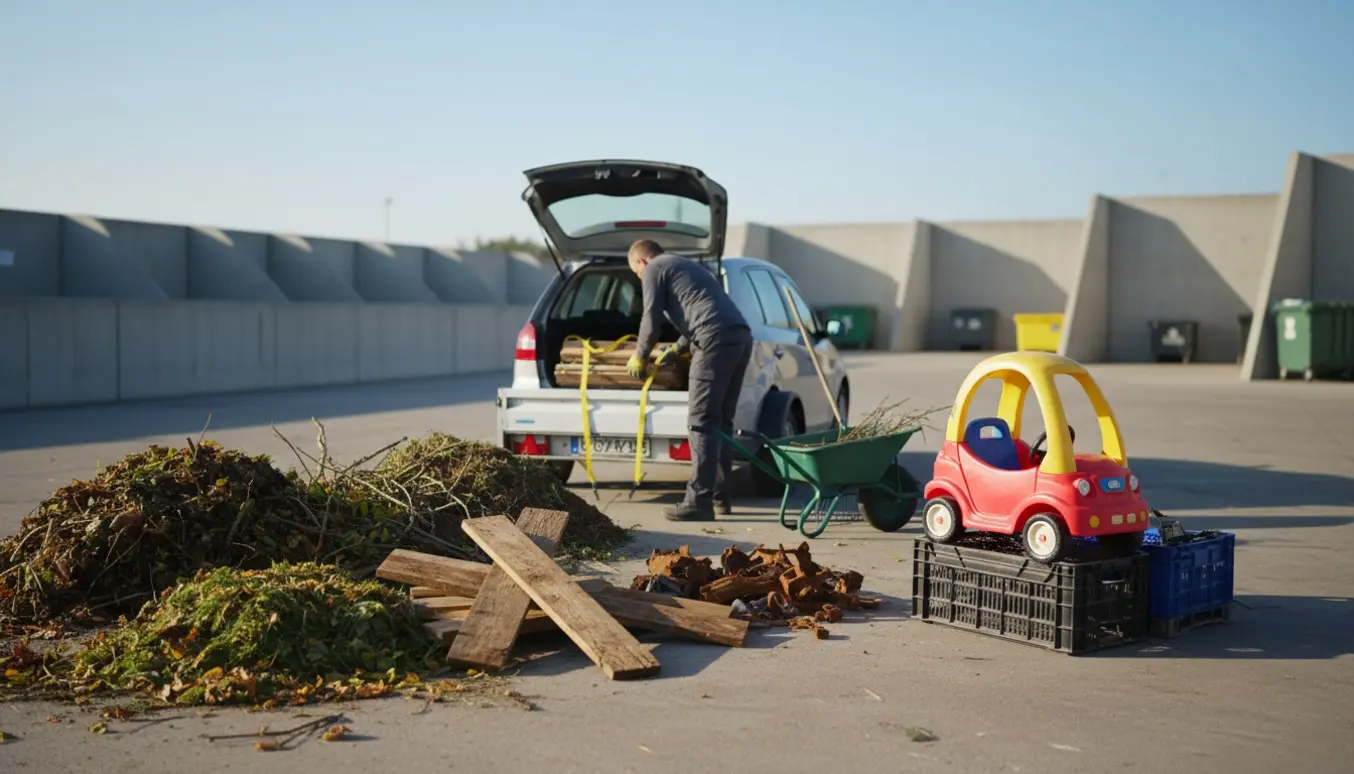 Person læsser haveaffald, jern, træ, en børne-elbil og plastikkasser af ved en genbrugsstation.