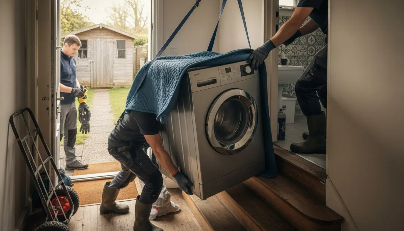 To personer løfter en tung vaskemaskine ind ad hoveddøren og op ad en vinkeltrappe mod 1. sal.