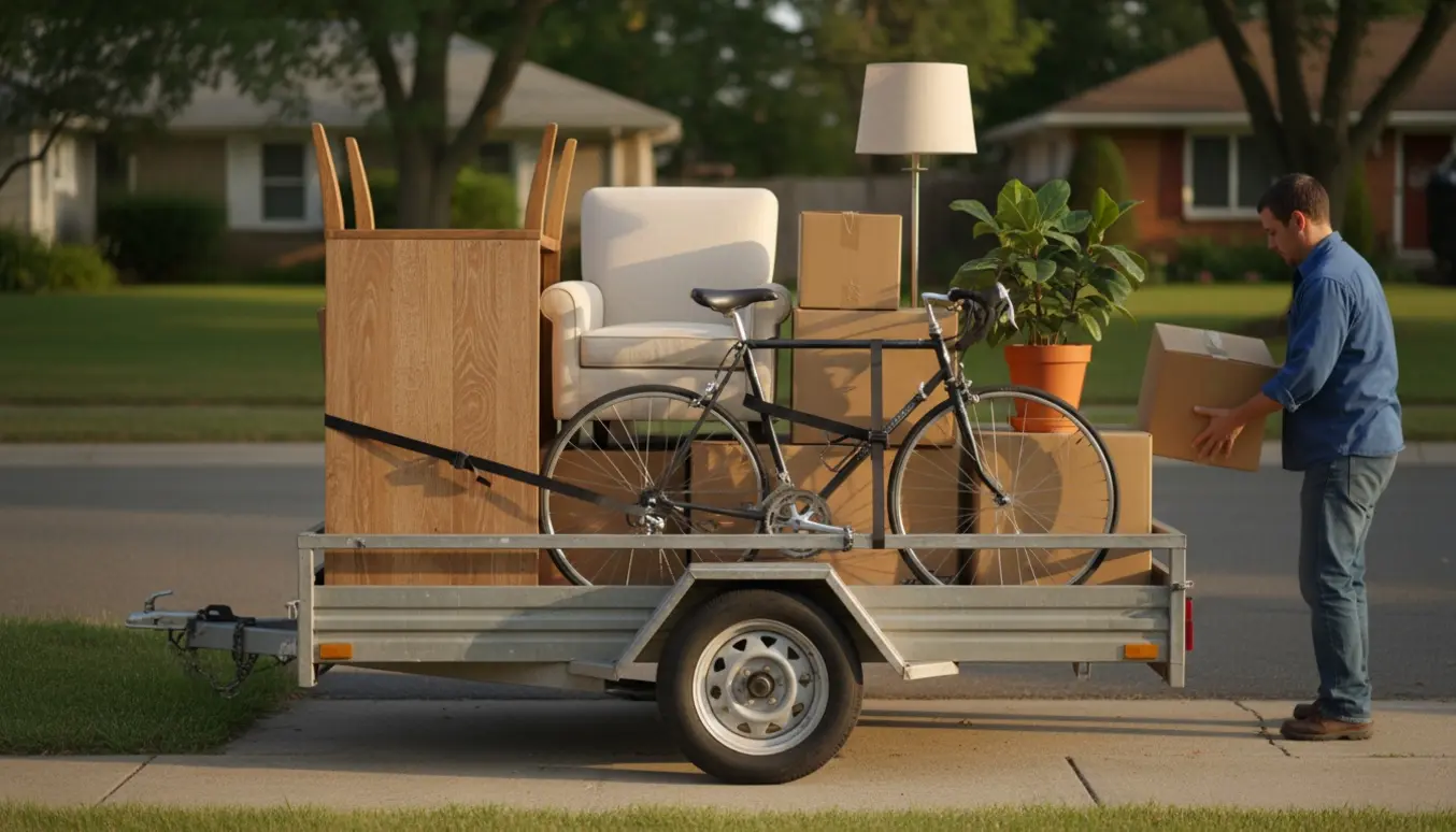 Åben transporttrailer fyldt med bord, stol, flyttekasser og to cykler i blødt eftermiddaglys.