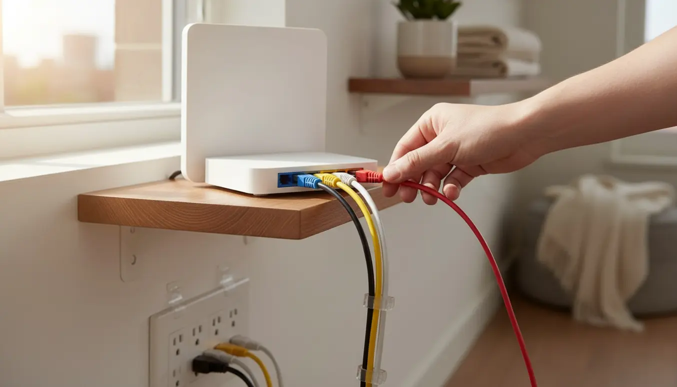 Hænder tilslutter seks netværkskabler til en router i hjemmet.