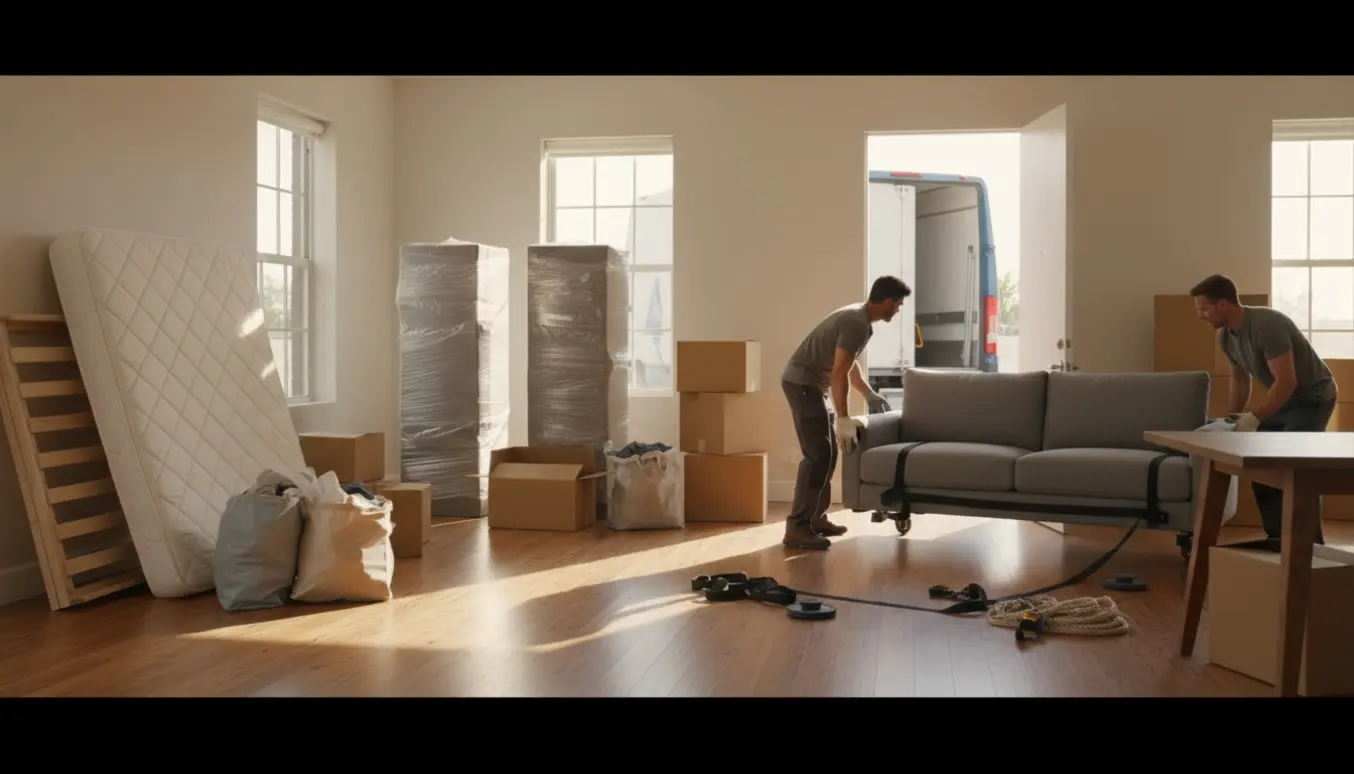 Flyttefolk bærer sofa og møbler ud af en lejlighed, omgivet af indpakkede garderober, seng, bord, kasser og poser.