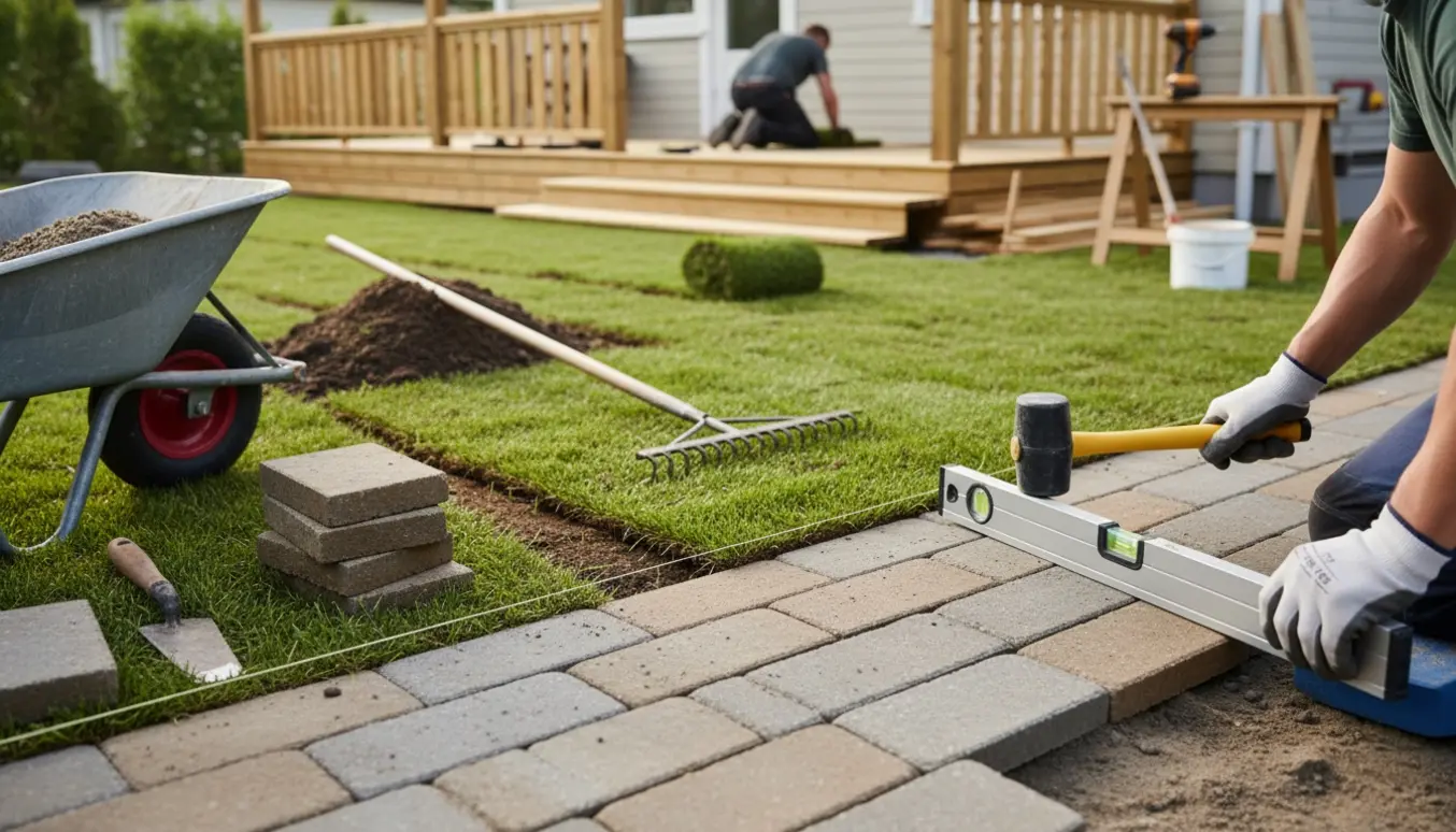 Nyrenoveret have med ny flisegang, frisk lagt rullegræs og en opfrisket veranda set i naturligt dagslys.