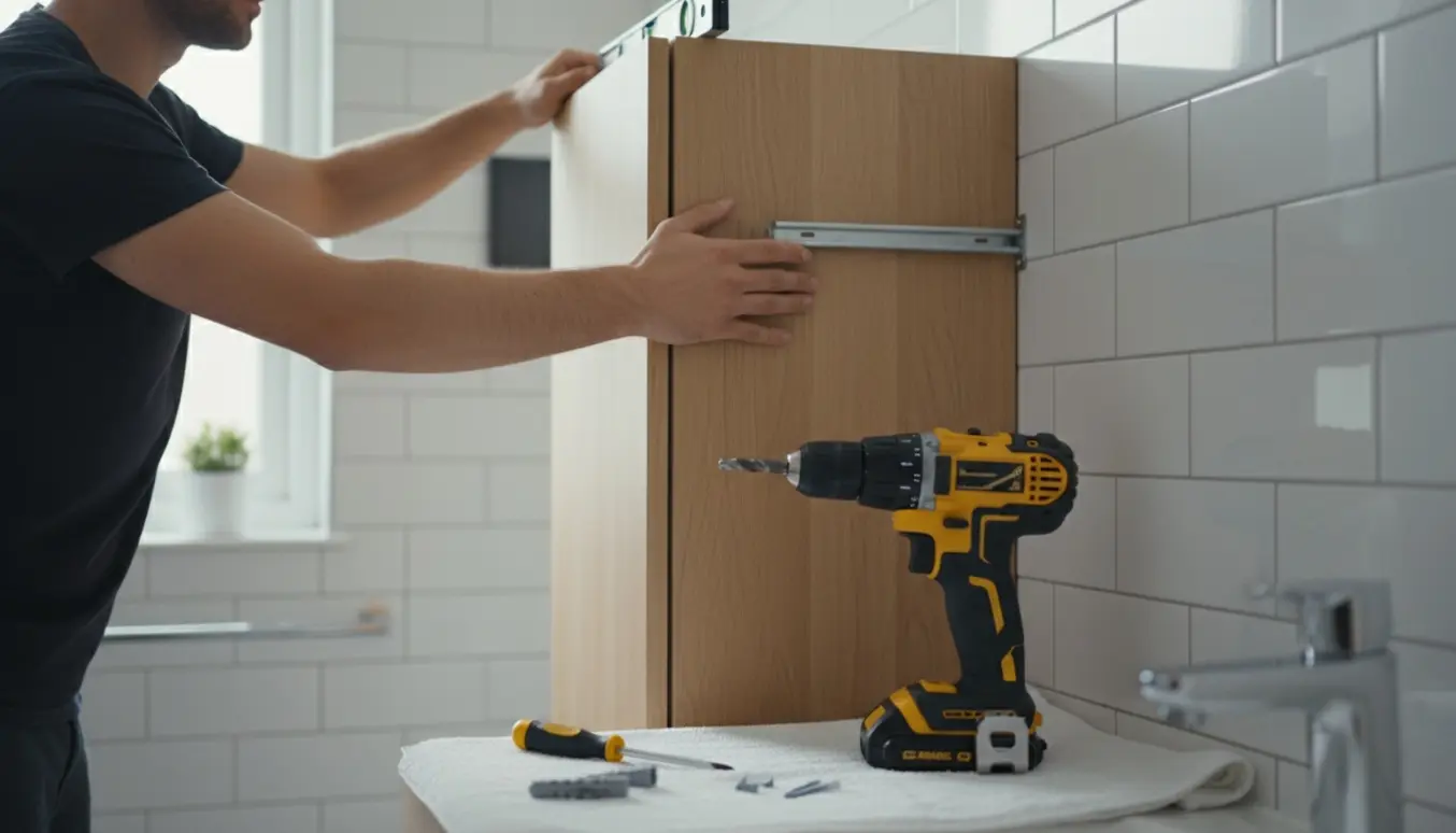 Montage af et højt badeværelsesskab på en flisevæg med boreapparat og værktøj i forgrunden.