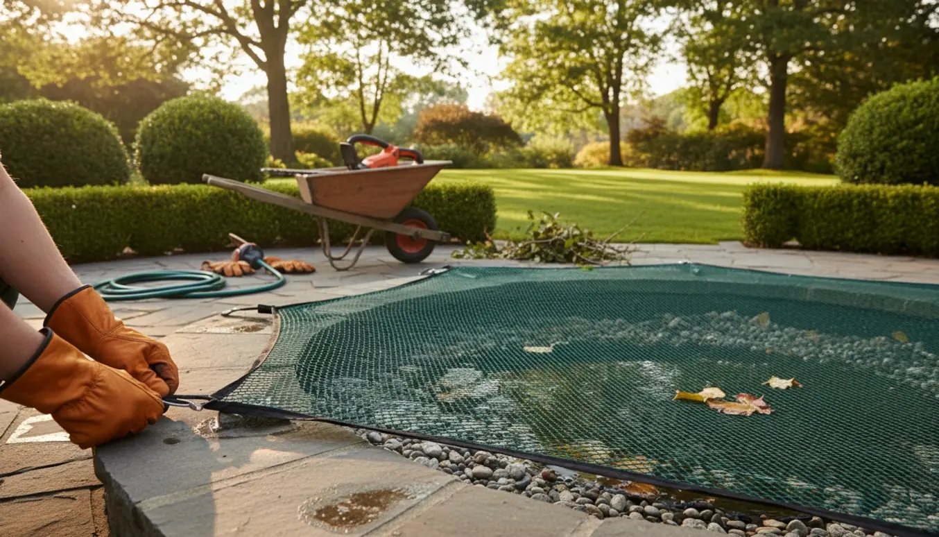 Hænder spænder et dækken over et havebassin med nyslåede hække og haveredskaber i baggrunden.
