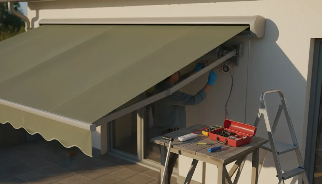 Hænder arbejder på en udvendig markise med åben fjernbetjening og værktøj klar til reparation.