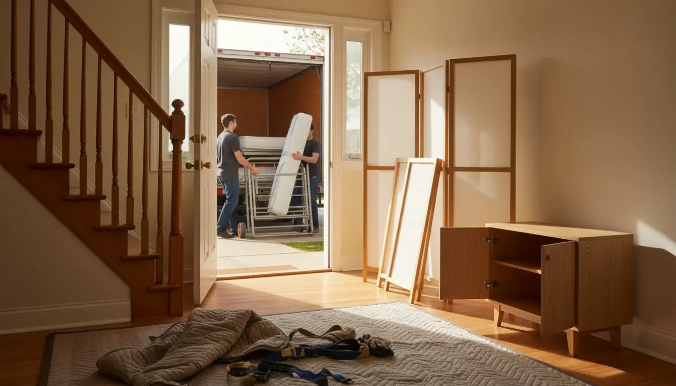Åben varebil foran en lejlighed, mens to enkelsenge, tre rumdelere og et lille skab er klar til afhentning.