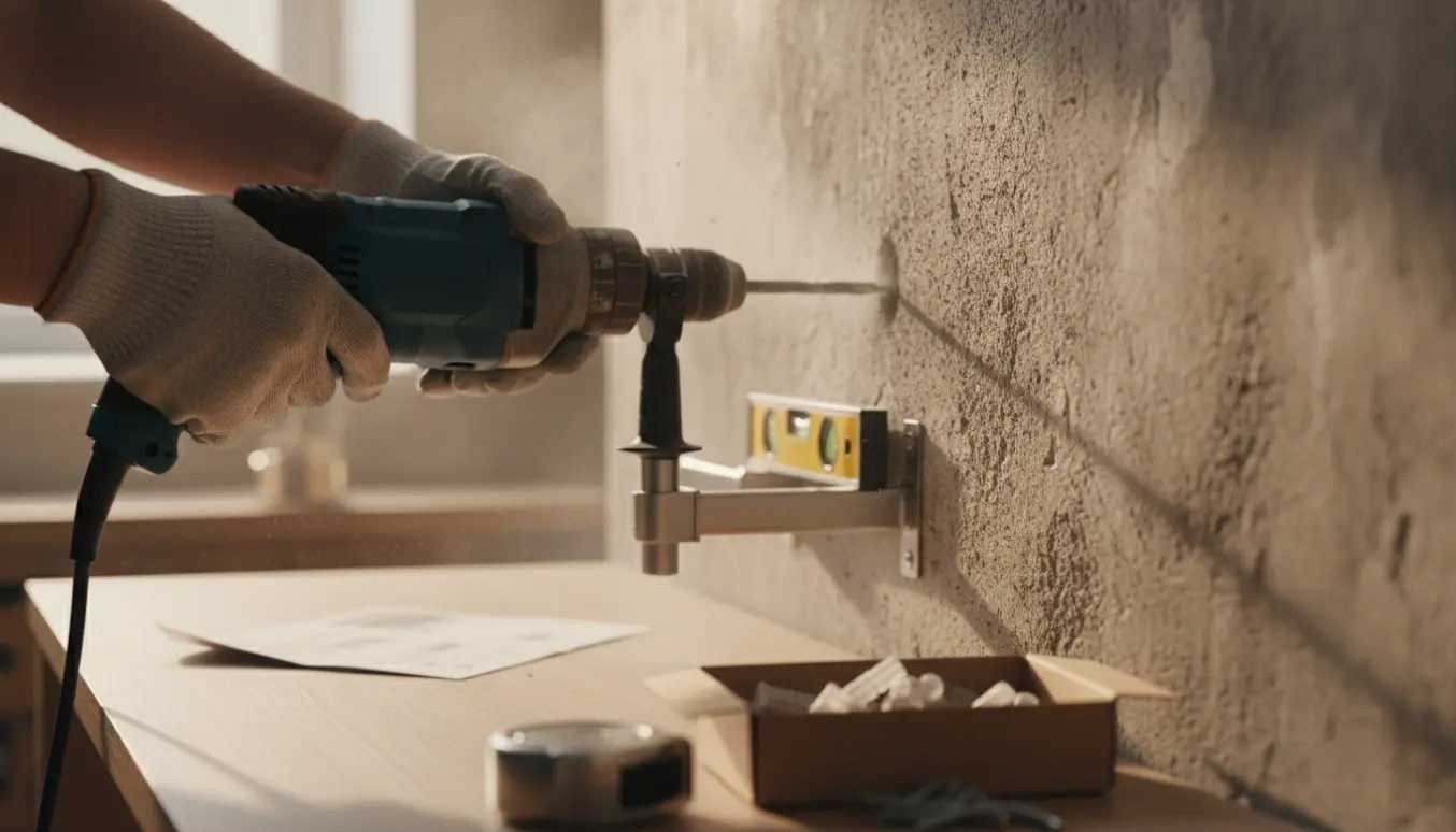 Nærbillede af hænder, der borer i en hård væg for at montere en stang med rawlplugs og vaterpas.