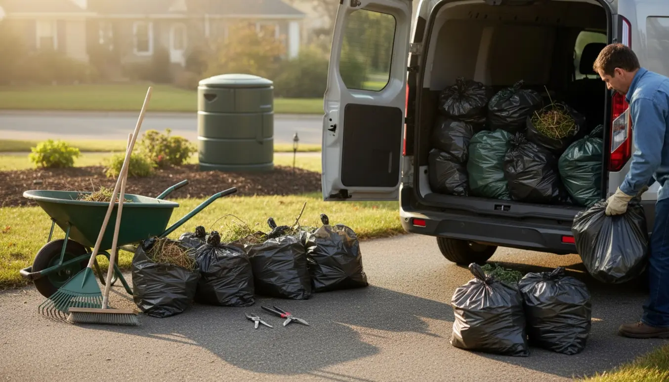 Åben varevogns bagklap og bunke med ca. 25 sække haveaffald på indkørsel klar til afhentning.