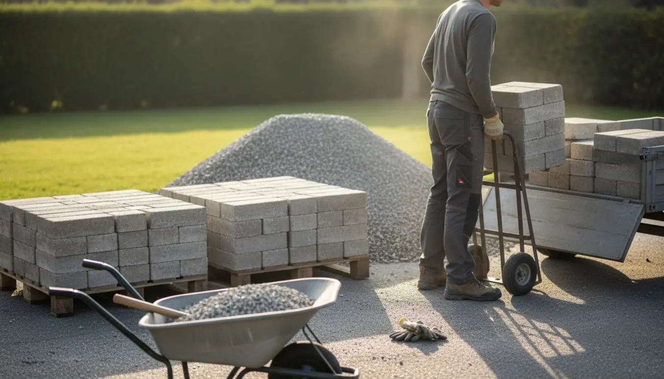 Stak af havefliser og en bunke grus ved en trailer klar til afhentning.