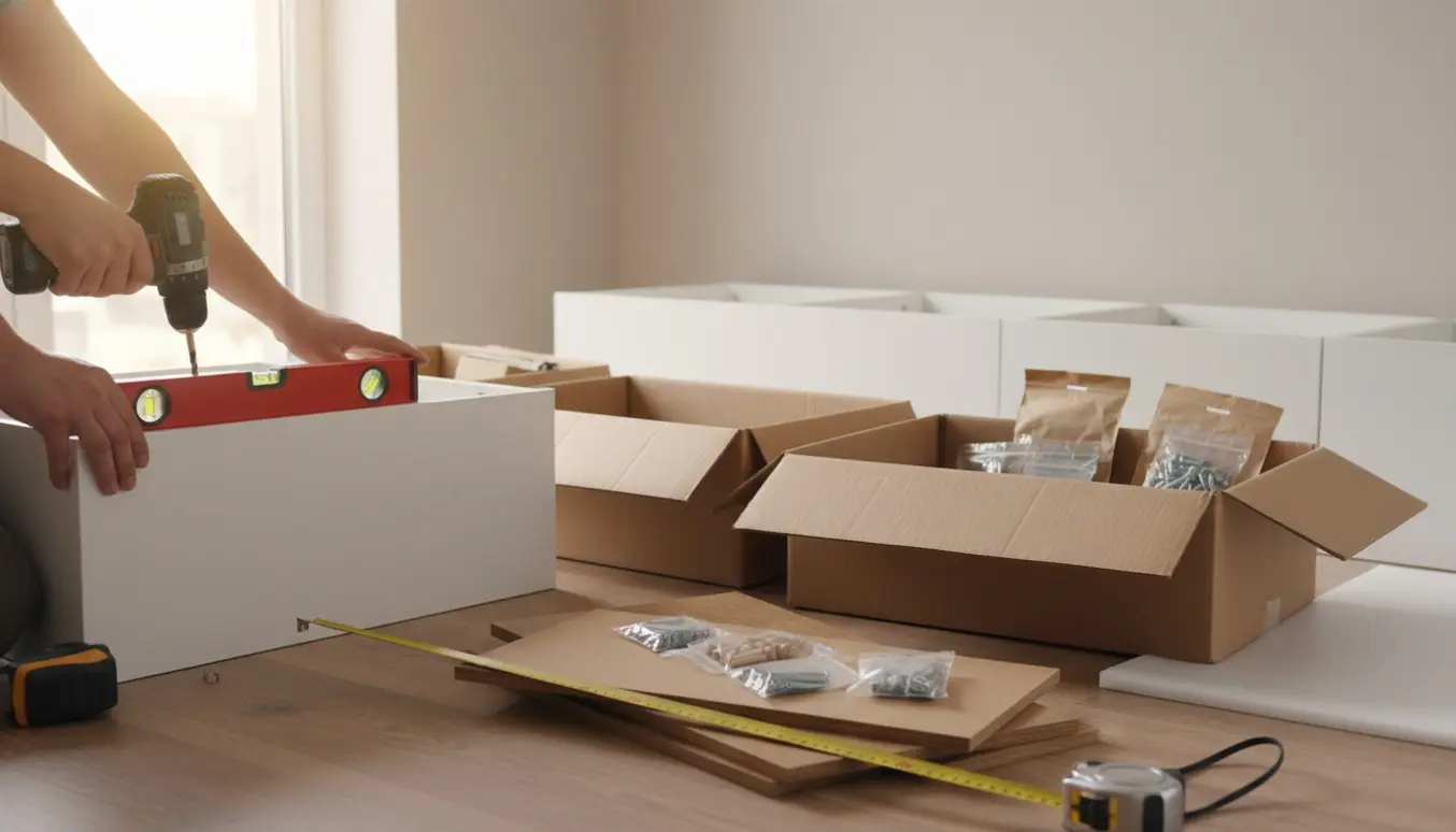 Hænder monterer fladpakkede køkkeskabe og ruller underlag ud på gulvet i et lyst køkkenrum.