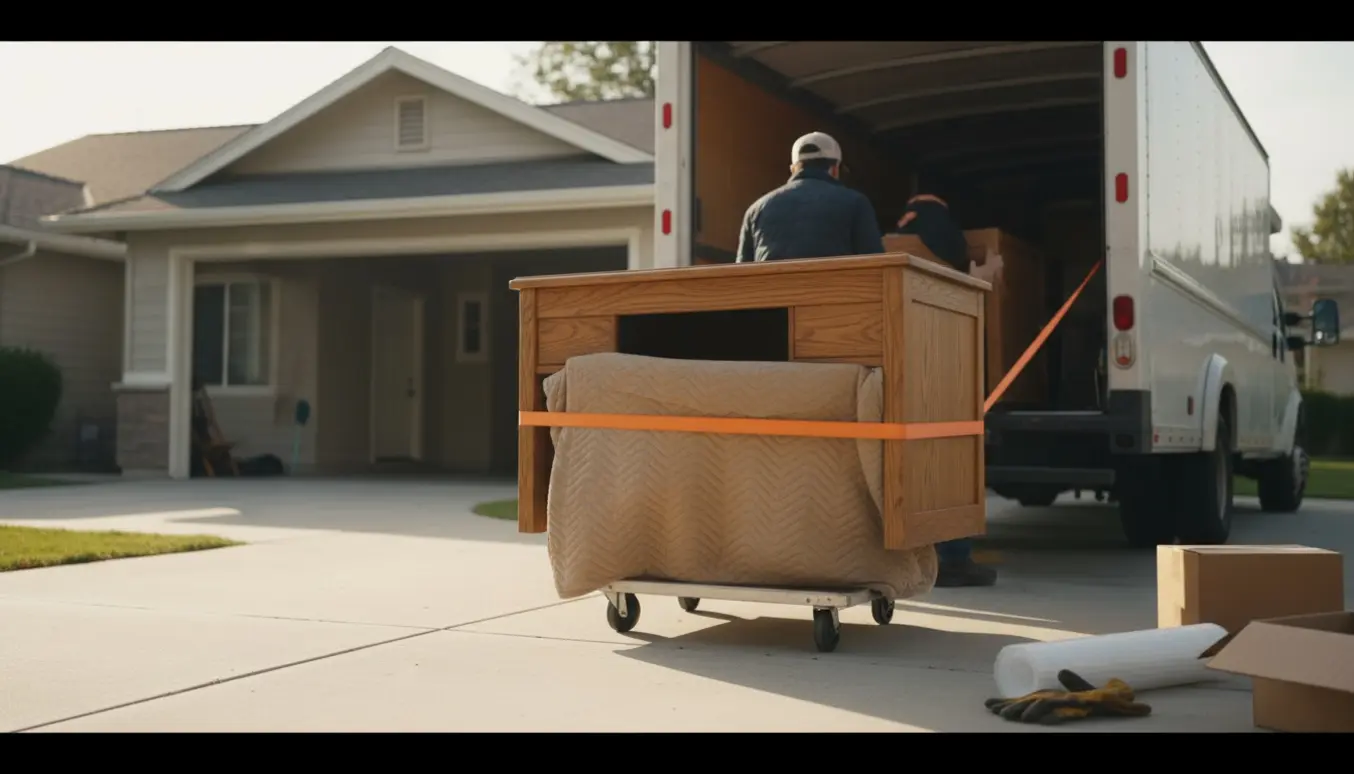 Et skrivebord bæres fra en carport og lastes i en varevogn ved afhentning.