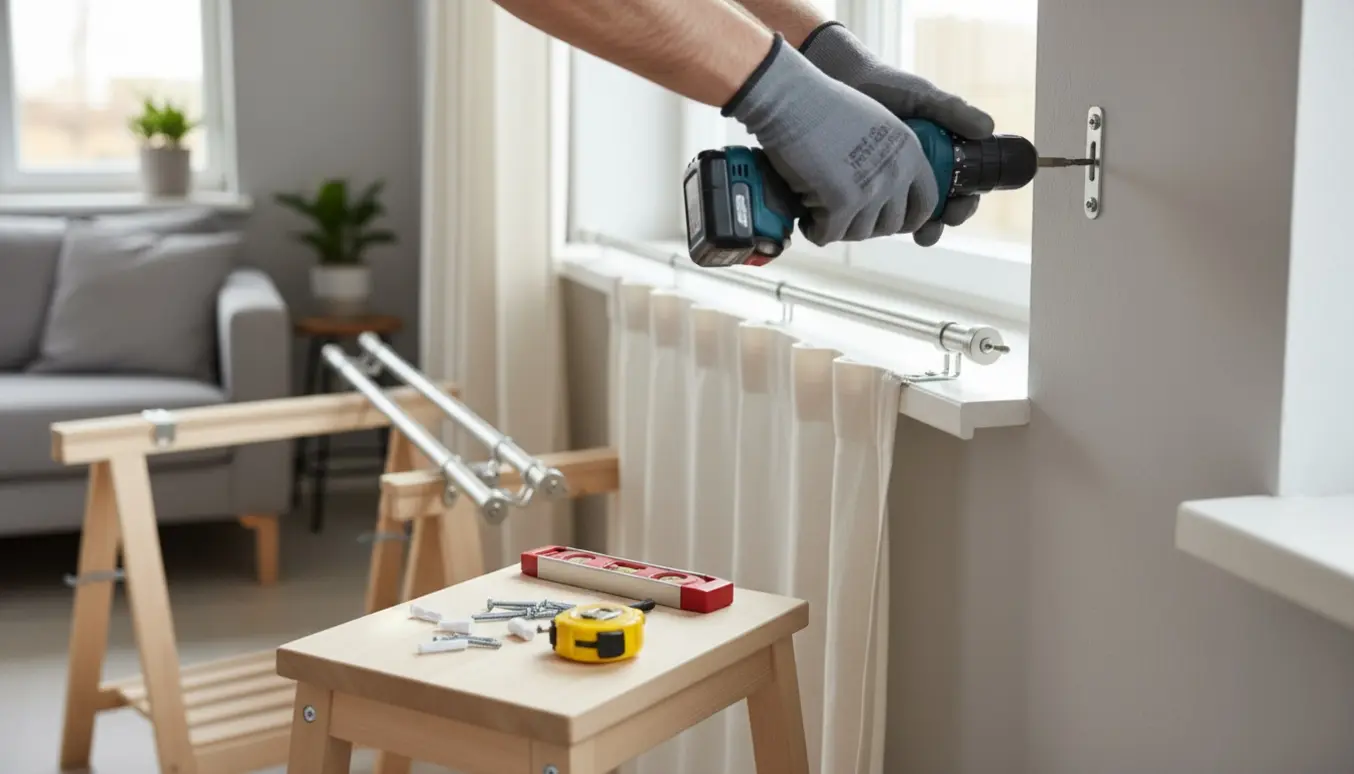 Hænder monterer tre Ikea-gardinstænger og beslag over et vindue med værktøj i nærheden.