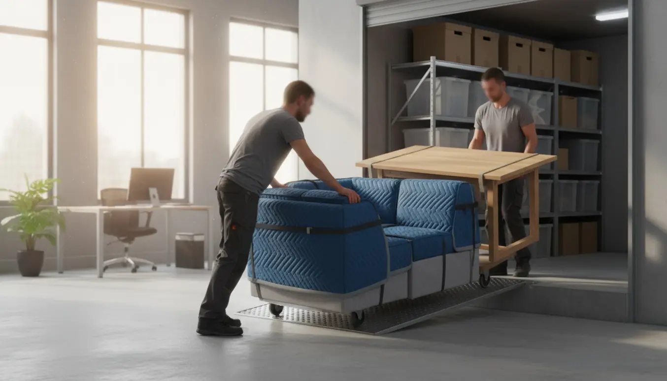 Flyttefolk læsser et plankebord og en delvist adskilt hjørnesofa ind i et opbevaringsrum.