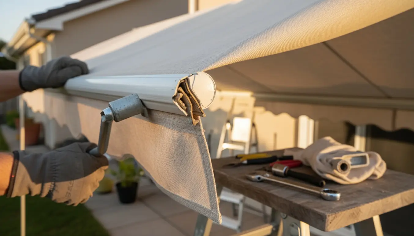 Nærbillede af en udtrukket markise med et knækket håndsving og værktøj klar til reparation.