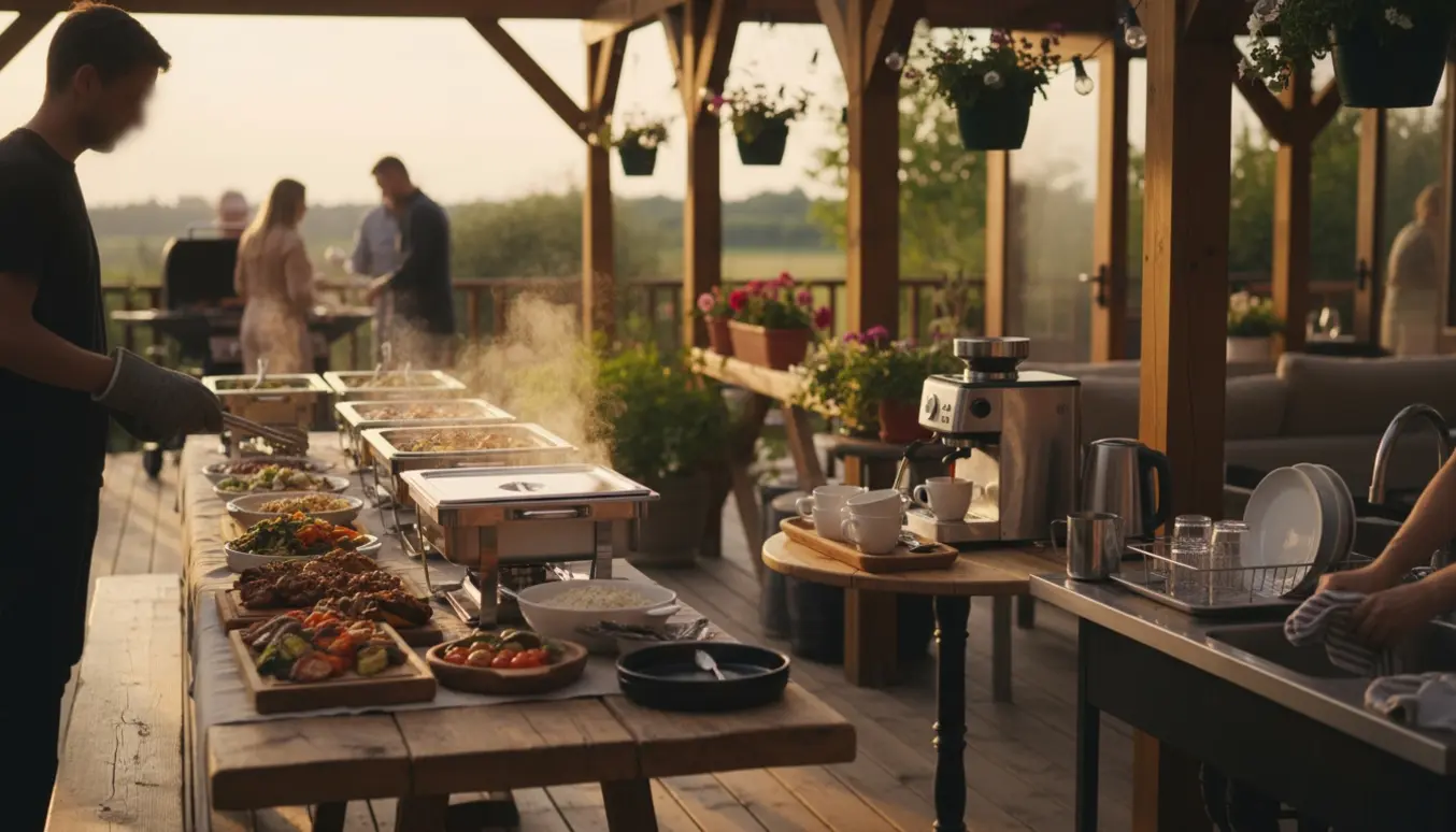 Person anretter buffet og laver kaffe på en overdækket terrasse ved aftensmad.