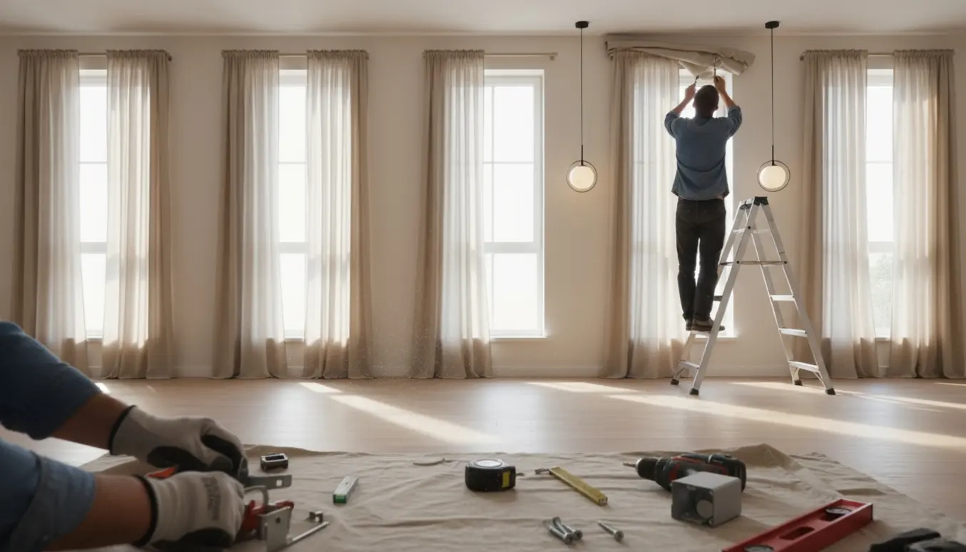 Installering af gardiner og loftlampe i en lys, moderne stue med fem vinduer.