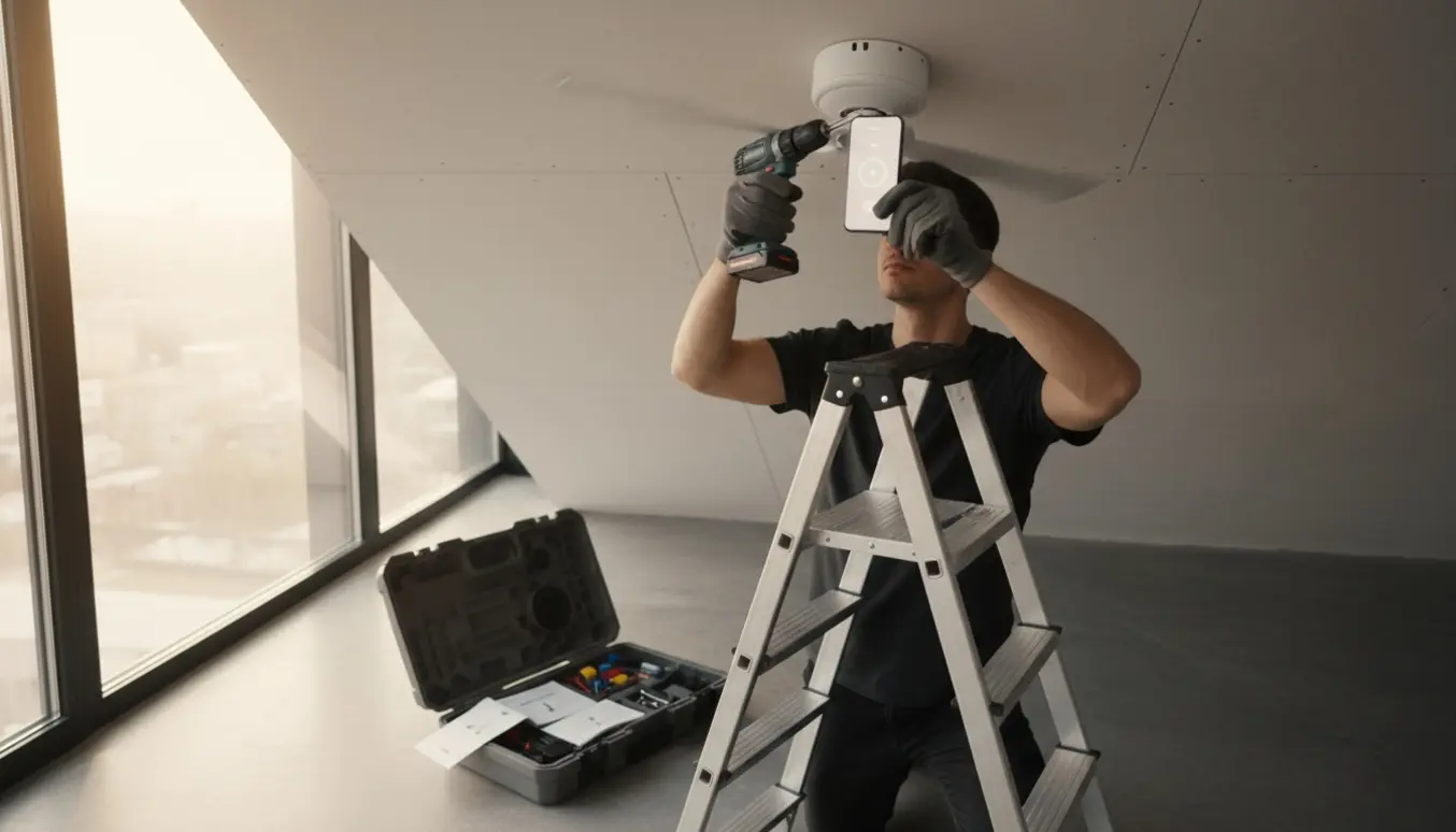 Hænder monterer en app-styret loftventilator i et rum med gipsloft, med smartphone som fjernbetjening.