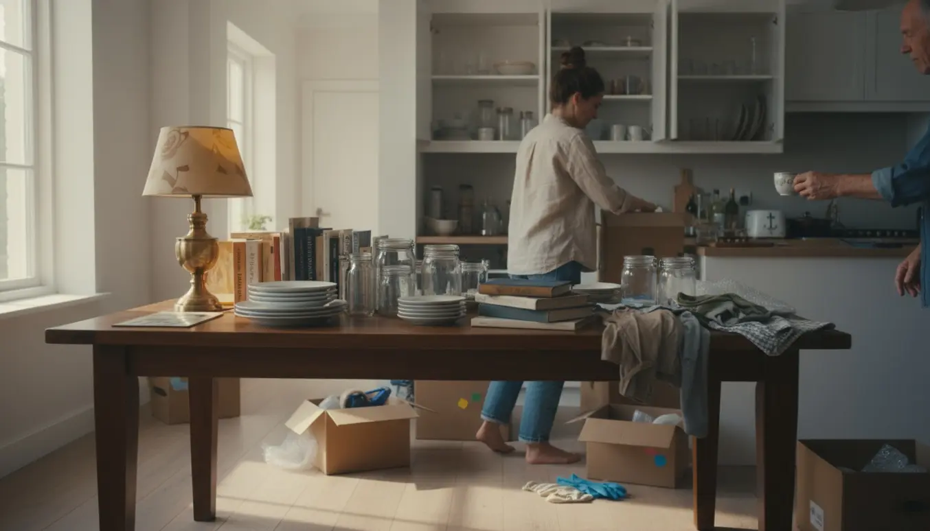 En kvinde og hænder fra en ældre mand sorterer ejendele fra flyttekasser og køkkenskabe i et lyst rum klar til loppemarked eller donation.