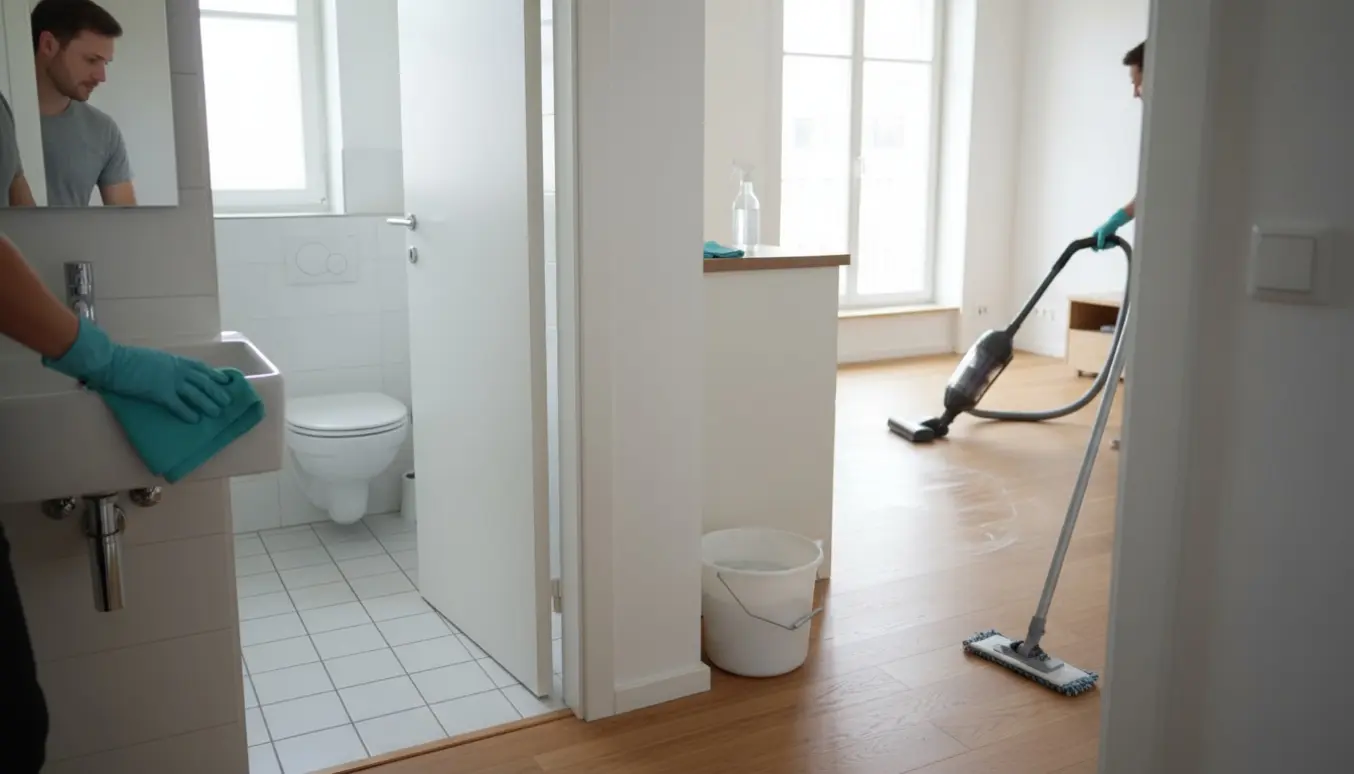 Rengøringsscene i lyst, moderne hjem med støvsuger, moppe og handske-klædte hænder, der tørrer af i badeværelset.