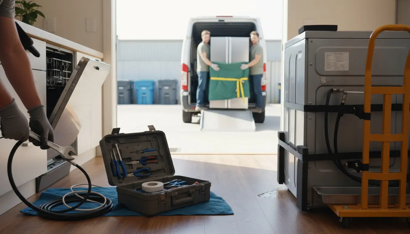 Varevogn læsser opvaskemaskine, vaskemaskine og køleskab med værktøj og dolly i forgrunden.