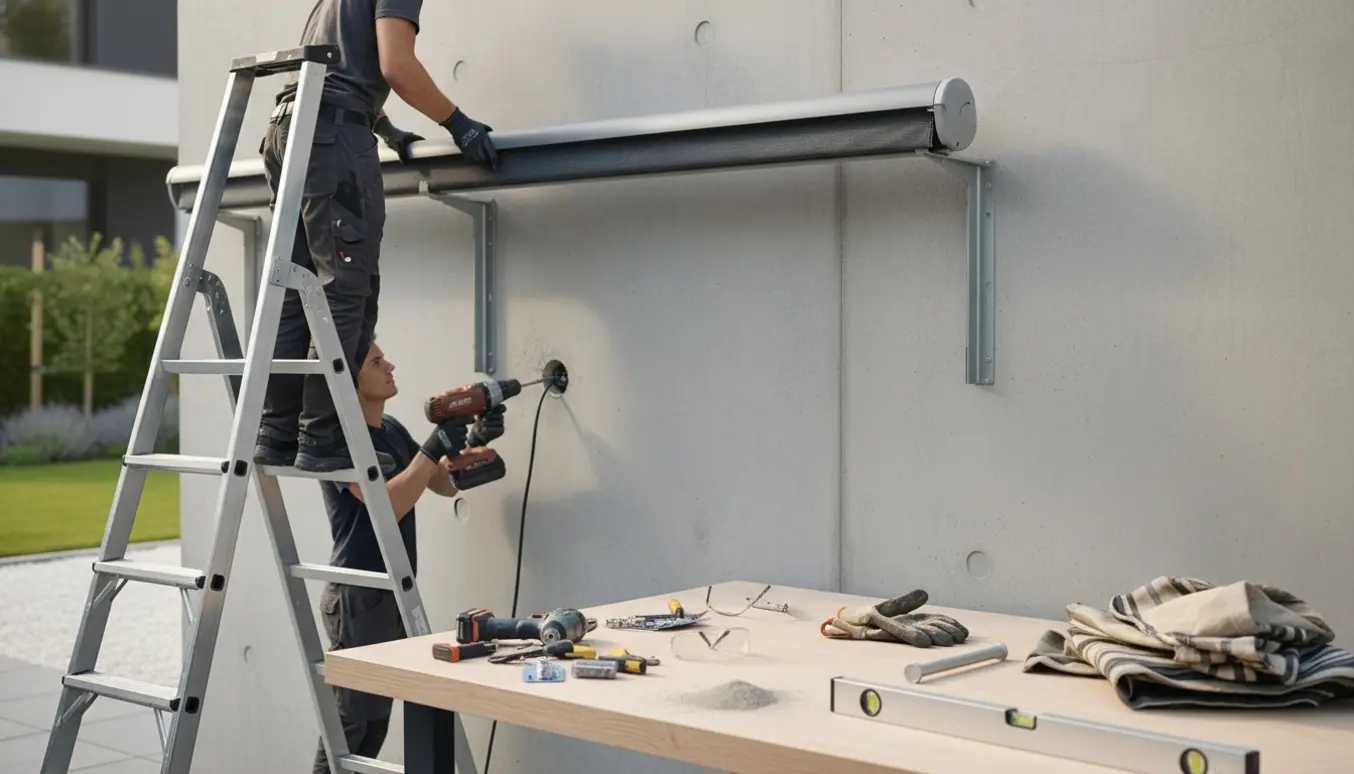 Montage af motoriseret markise på betonvæg med håndværkeres hænder, værktøj og strømtilslutning.