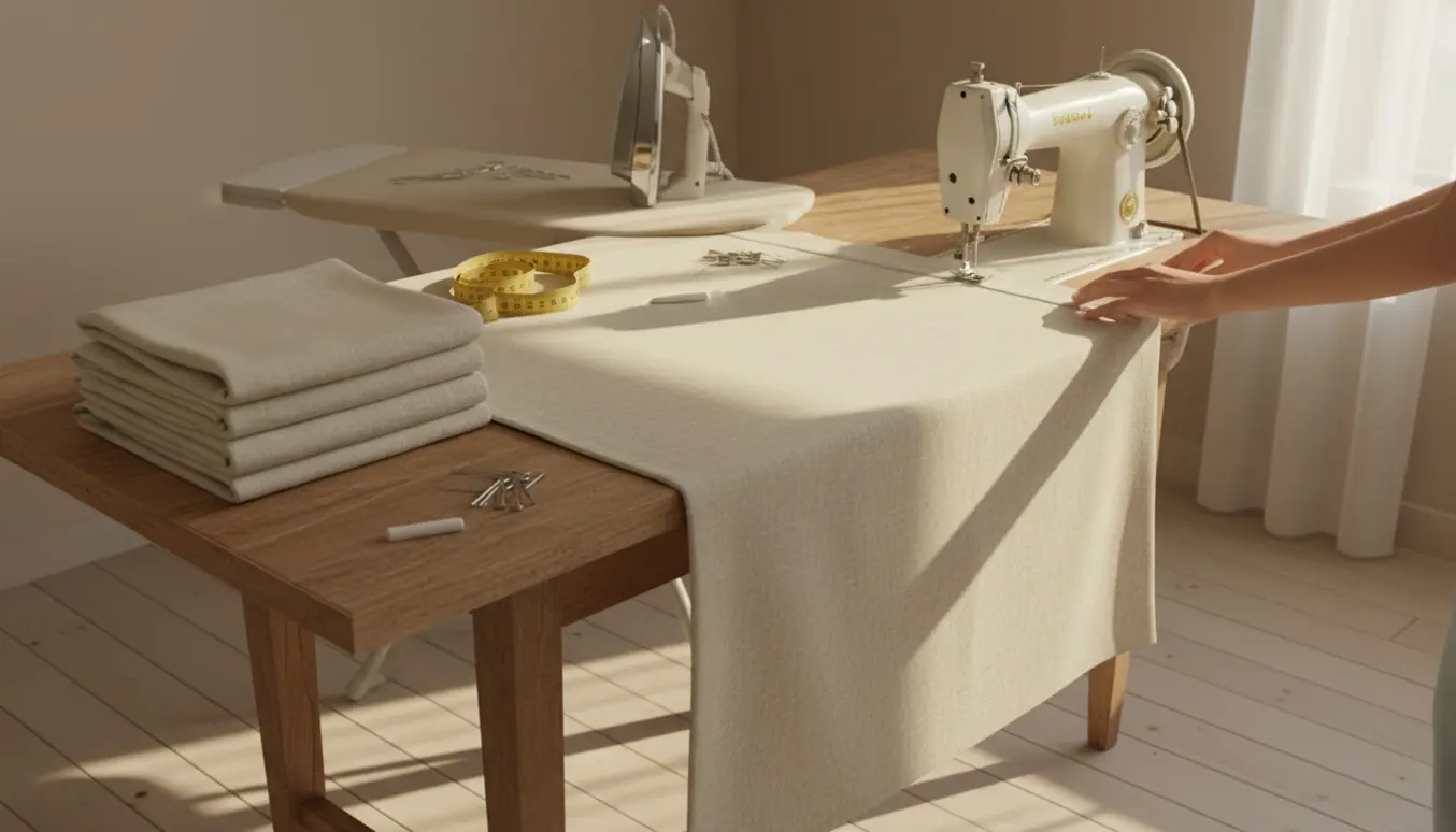 Nærbillede af hænder, der oplægger gardiner med symaskine og strygejern i et lyst, ryddeligt værksted.