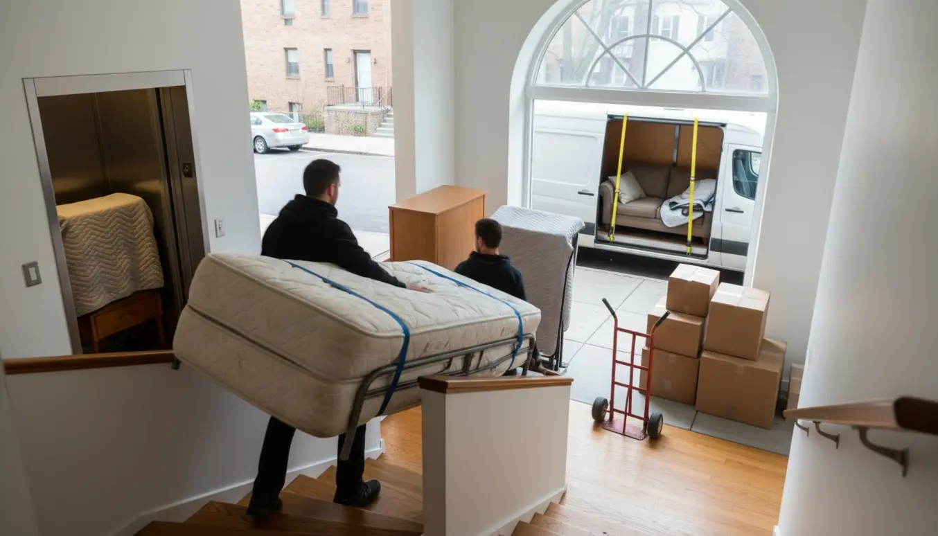 Flyttefolk bærer en dobbeltseng og et mindre klædeskab op ad trappen ved et rækkehus med flyttebil og emballerede møbler i baggrunden.