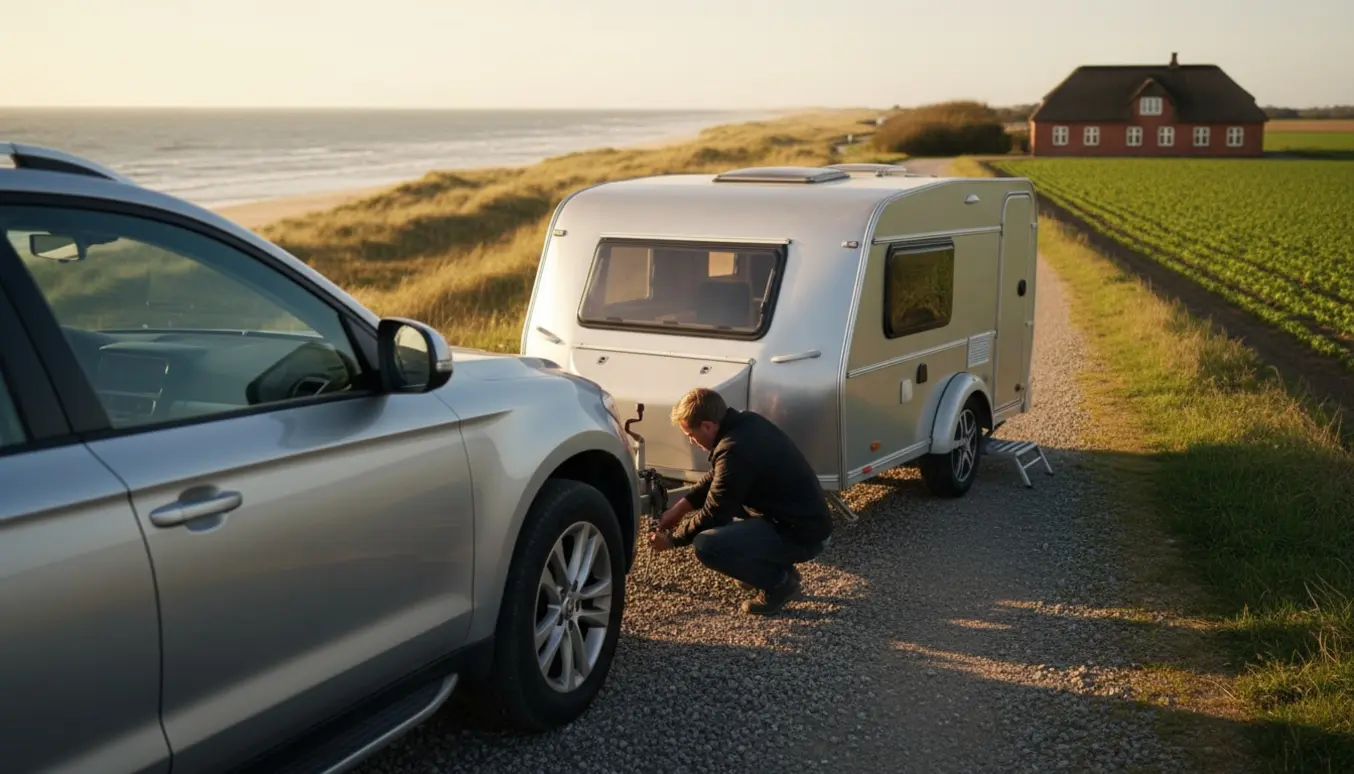 En SUV trækker en campingvogn langs en dansk kystvej ved aftenslys, mens anhugningen kontrolleres.