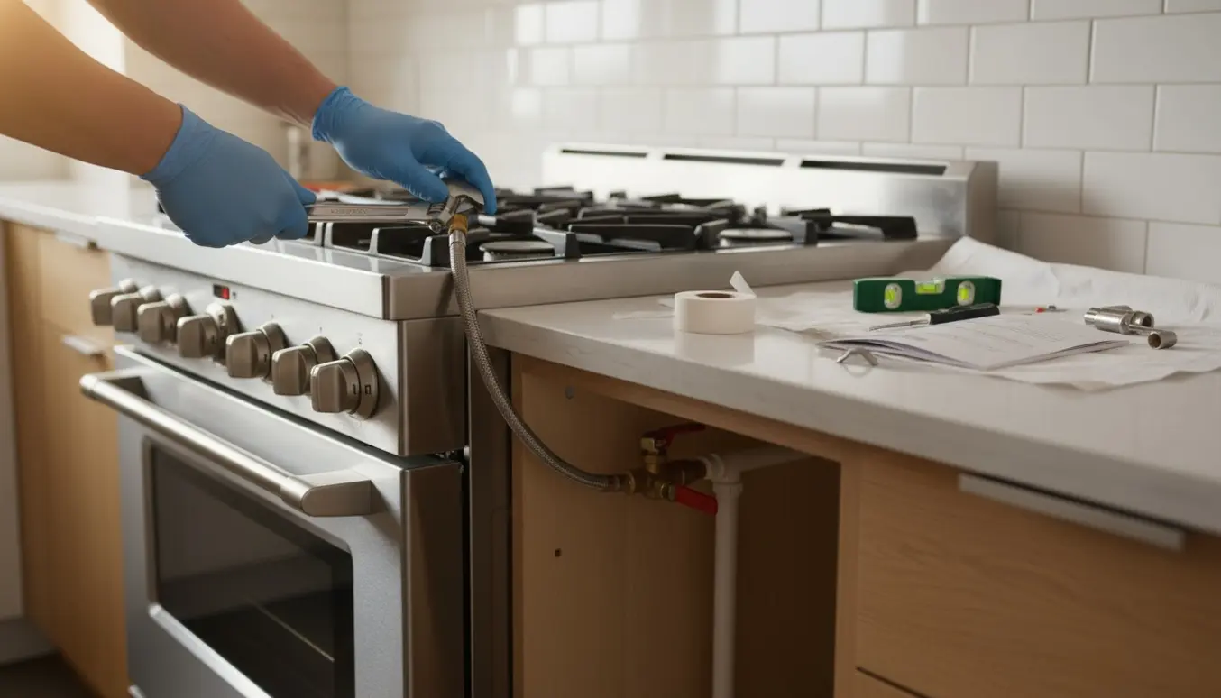 Nyt rustfrit gaskomfur bliver monteret i et lyst køkken, hvor hænder tilslutter gasledningen.