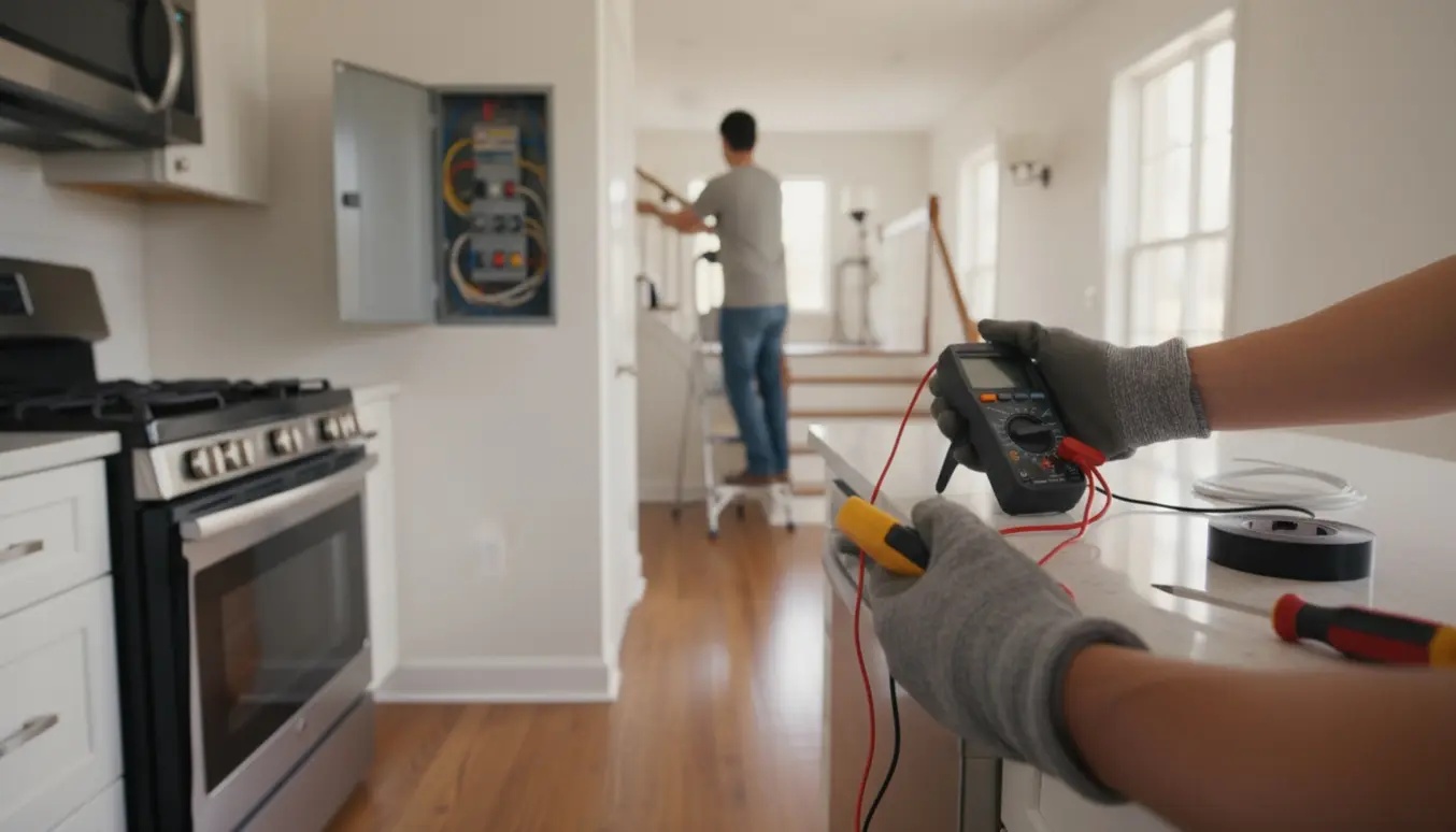 En elektriker måler på en stikkontakt med åben, mørk ovn i baggrunden under fejlsøgning af strømsvigt.